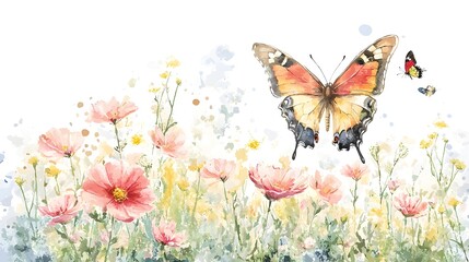 Poster - A dreamy and watercolor garden scene filled with lush hand painted blooms bathed in warm sunlight with a monarch butterfly gracefully completing this vibrant and tranquil setting