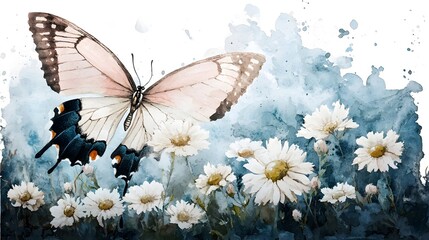 Poster - A refreshing and vibrant watercolor artwork showcasing a colorful floral meadow with a graceful monarch butterfly painted with soft brushstrokes that evoke the movement of a gentle summer breeze