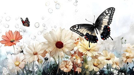 Poster - Vibrant and Colorful Watercolor Painting Showcasing a Lush Floral Meadow with a Graceful Monarch Butterfly in Flight Captured with Soft Brushstrokes that Evoke the Gentle Movement of a Summer Breeze