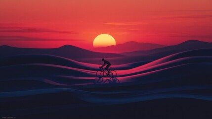 Aufkleber - Cyclist rides toward glowing sunset across rolling hills at golden ratio intersection in tranquil evening light Generative AI