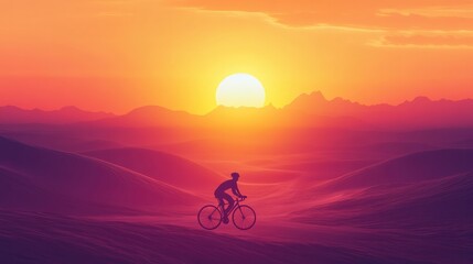 Poster - Cyclist rides toward a glowing sunset through rolling hills in serene evening light Generative AI