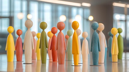 representation of diverse wooden figurines in a serene minimalist setting the brightly colored abstr