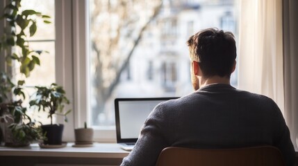 Poster - Person working on laptop in cozy room with plants and bright window view during daytime Generative AI