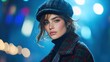 © Almahyra - Woman in newsboy cap, turtleneck, and coat at night.