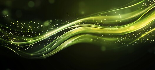 Wall Mural - abstract green wave with glowing particles.