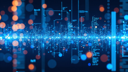 Fototapete - Digital background perfect for tech processes, neural networks, artificial intelligence, data transfer and encryption, digital archives, sound and graphic presentations, science, education