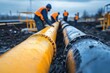 © AzamGold - Workers Installing Industrial Pipes at Oil or Gas Pipeline Construction Site in Rough Terrain