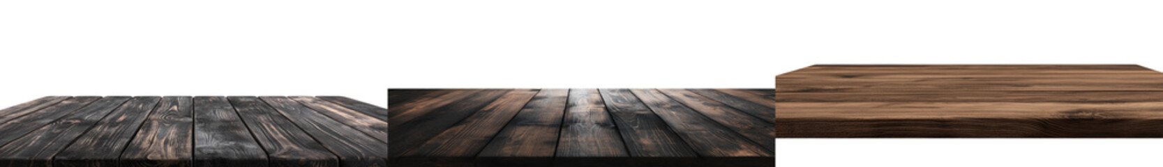 Aufkleber - The scene consists of an empty wooden table with black planks, a wooden desk, and a black shelf display board, all set against a pure white background with the floor visible in perspective