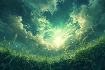 Wall Mural - lush green field under a dramatic, vibrant sky with bright sunlight breaking through clouds.