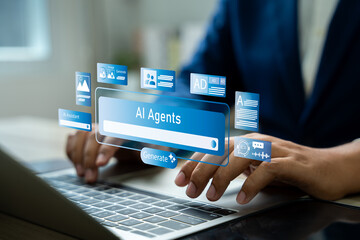 Fototapete - AI agents,  AI powered business Solutions, AI assistants support human intelligence, Smart assistants for optimized workflows, AI driven solutions empower business, Automate tasks, Drive innovation.