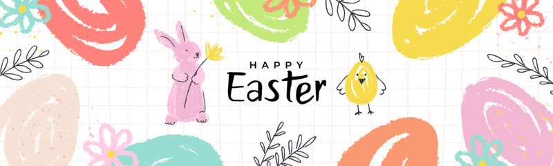 Wall Mural - happy easter banner. trendy easter design with typography, hand painted flowers, eggs, chick and bun