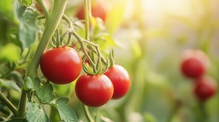 Aufkleber - Ripe red tomatoes growing on vines in a sunlit garden during late summer Generative AI