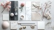 © RaNy - mood board for architectural project, minimalistic, white, black iron, white marble, natural colors, pink flowers, light color fabrics