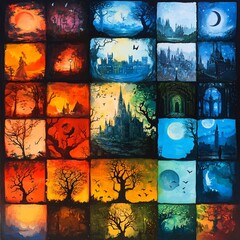 Wall Mural - a vibrant collage of 30 miniature landscape paintings depicting various times of day and night, show