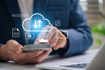 Leinwandbilder - Cloud based file storage and secure data backup solution with encrypted privacy protection, real time synchronization and mobile access for file management. business continuity and digital security