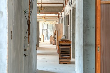 Wall Mural - empty concrete hallway in an unfinished building with exposed pipes and equipment.