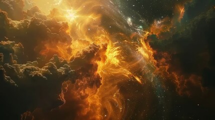 glowing gold nebula in dark space