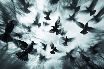 Wall Mural - a flock of dark birds in motion against a blurred sky, creating a dynamic and somewhat ominous image
