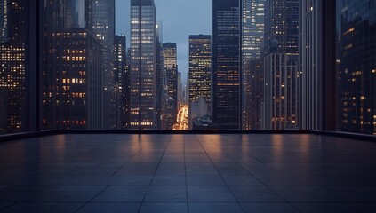 Wall Mural - empty modern office with stunning city night view through large window.