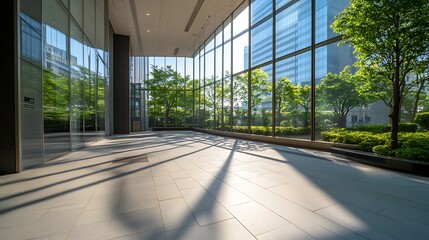 Fototapete - A modern business center featuring large transparent windows, ideal for corporate and architectural imagery.