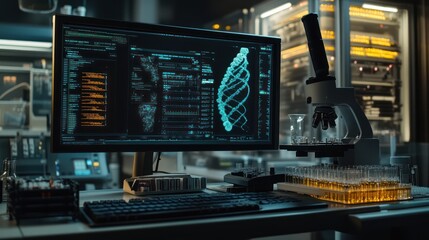 DNA analysis on computer screen in lab.