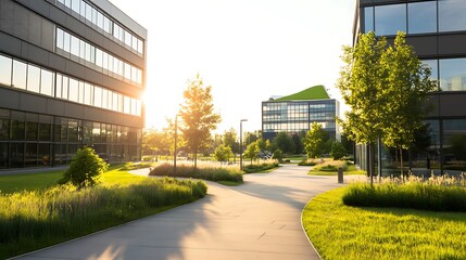 Poster - A modern eco-friendly office park featuring sustainable architecture and design elements.