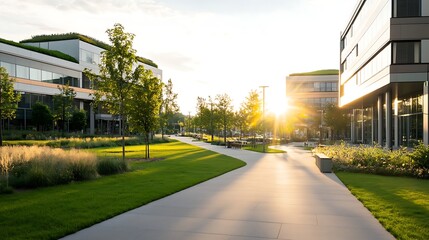 Poster - A modern eco-friendly office building within a business park setting, showcasing sustainable architecture.