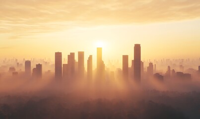 Poster - A stunning city skyline captured during golden hour, featuring a prominent tower illuminated by warm light.