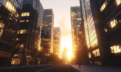 Aufkleber - A vibrant city street illuminated during golden hour, showcasing striking skyscrapers and warm lighting.