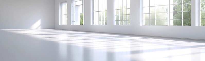 Fototapete - A clean, minimalist office space featuring large windows and a bright, white atmosphere.