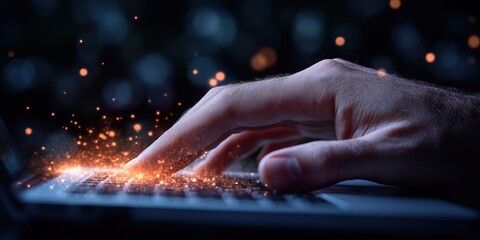 hand typing on the laptop keyboard with glowing sparks