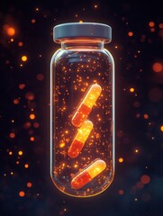 Leinwandbilder - Futuristic transparent pill bottle with glowing capsules in cyberpunk design showcasing high tech aesthetics and composition Generative AI