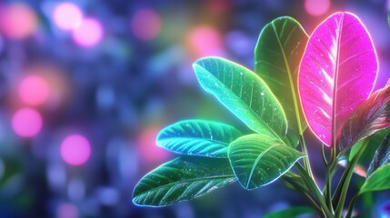 glowing pink and green leaves with light particles, dreamy blurred background