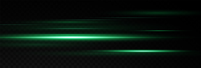 Vector illustration of green color, abstract laser speed lines. Glare, horizontal light rays png. Glowing linear background.