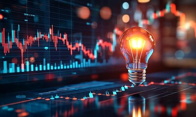 Wall Mural - a glowing lightbulb, financial data graphs, and a futuristic technology design concept.