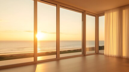 Aufkleber - Sunset view from a modern room with large windows overlooking the ocean.