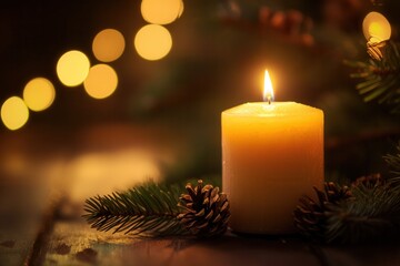 Poster - Warm candlelight shines on pine branches and cones, creating a cozy atmosphere during the holiday season Generative AI