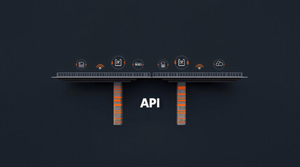 conceptual image of a bridge connecting two platforms, with API icons as the pillars, representing integration and connectivity. 
