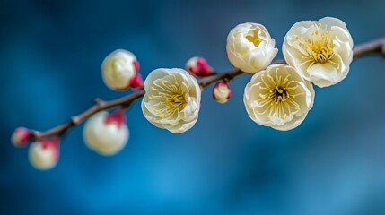 a branch of white plum blossoms in a spring garden, with a softly blurred background, evokes nature'