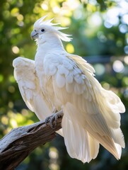 Aufkleber - Elegant white cockatoo perched on branch amid lush greenery during a sunny day outdoors Generative AI