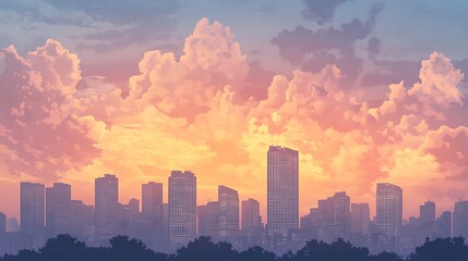 Aufkleber - City skyline at sunset with colorful clouds and modern buildings silhouetted against the sky.
