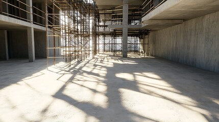 Aufkleber - Construction site interior with scaffolding and concrete floor, showcasing natural light and shadows.