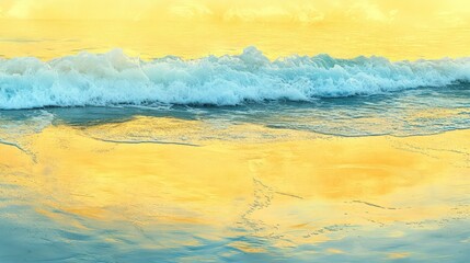  Abstract seascape, impressionist style, golden sand beach, turquoise waves, soft brush strokes, vivid colors, tranquil atmosphere, minimalist composition, textured canvas, warm sunlight