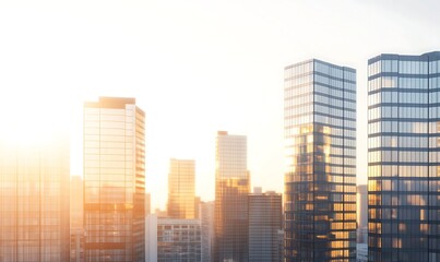 Aufkleber - Modern skyscrapers bathed in golden sunlight against a clear sky.