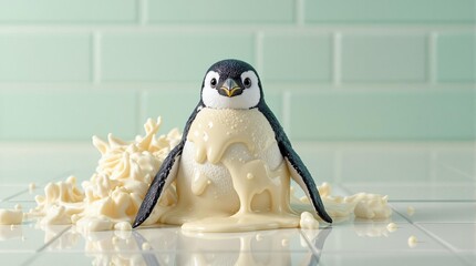 Fototapete - A small, cute penguin figurine is positioned on a reflective surface, surrounded by what appears to be splattered cream or a similar substance.