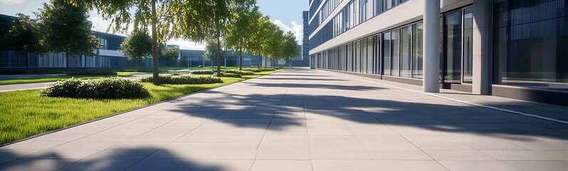 Aufkleber - Modern urban pathway lined with greenery and contemporary architecture under clear blue skies.