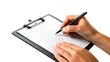 © Shelley - Top view of female hands holding a pen and writing on a blank sheet of paper with a clipboard, isolated on white background. Mockup for design.
