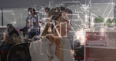 Wall Mural - in office, businesswoman on phone with animation of ai network connections