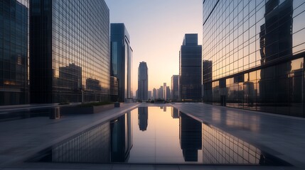 Poster - Urban skyline reflecting in a calm water surface at sunset, showcasing modern architecture.