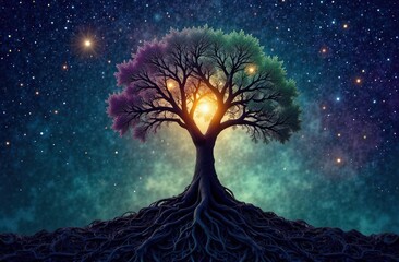 Wall Mural - tree with roots made of tangled threads, representing thoughts and emotions